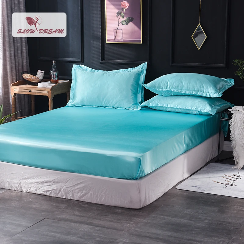 

Slowdream 1 Piece Wholesale Luxury 100% Silk Blue Fitted Sheet Elastic Band Mattress Cover Queen King Bed Sheets For Women Men