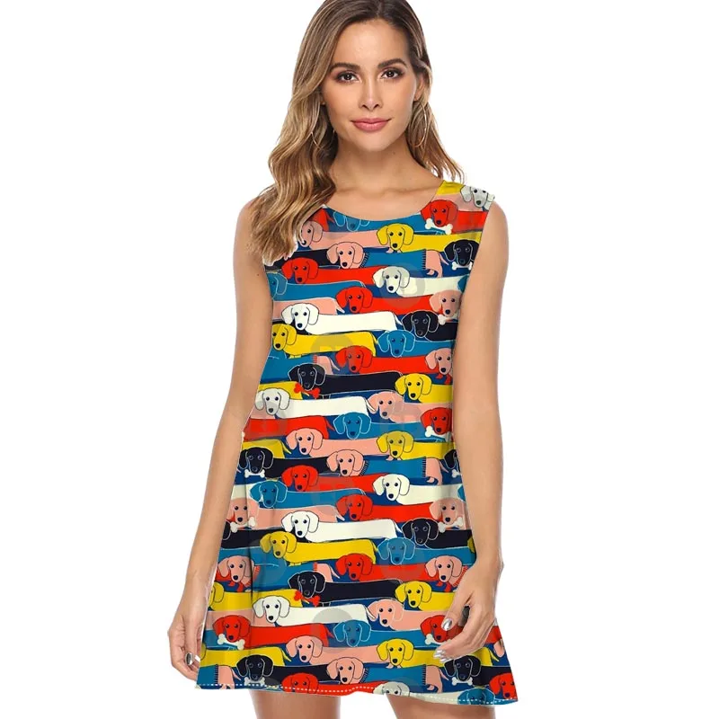 

Vintage COLORED CUTE DOGS Printed Summer Dresses Female Sleeveless Sexy Mini Short Dress Women Holiday Vocation Beach Dress