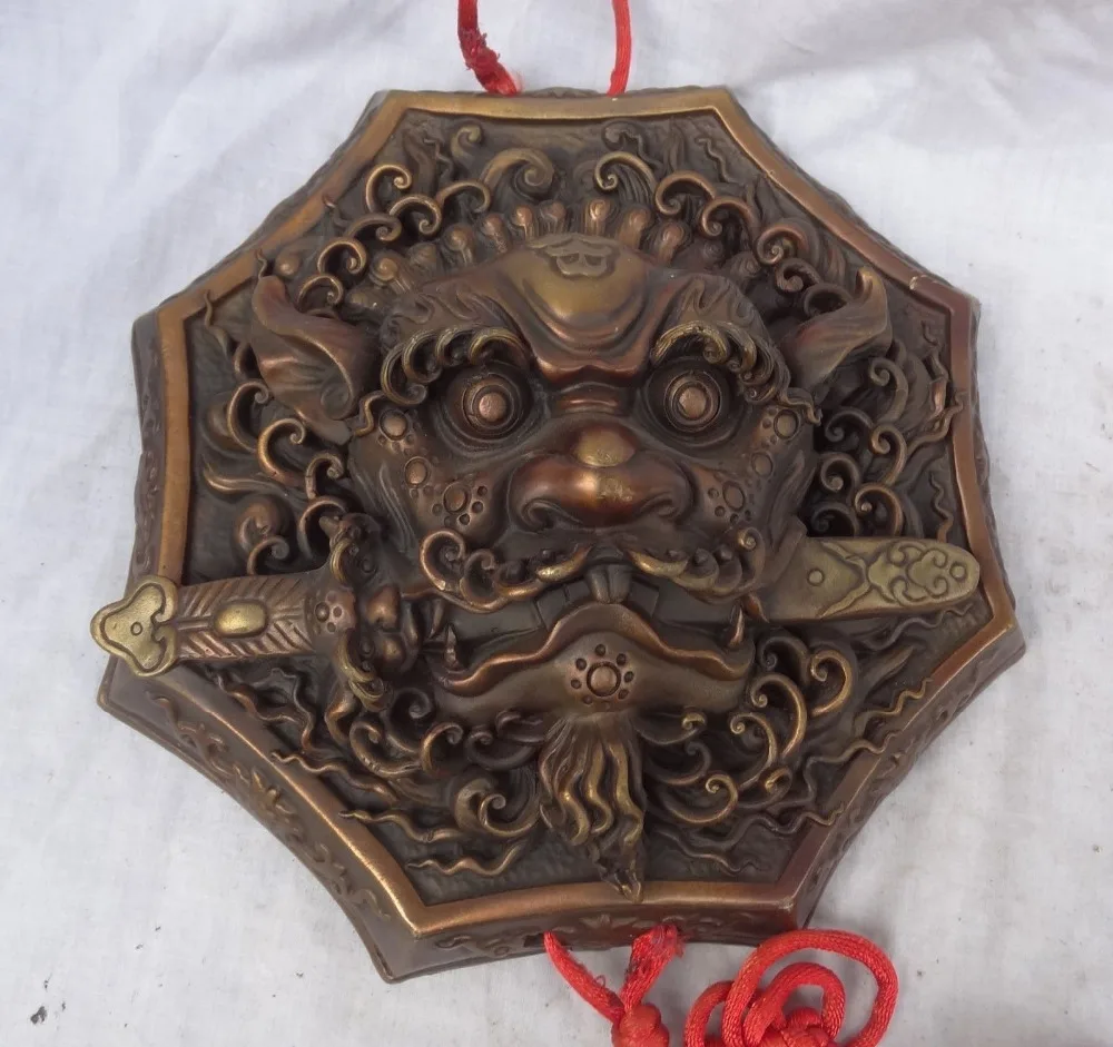 

002749 10" Chinese Pure Bronze Temple Lion Head Statue Mask Protect Wall Hang Amulet