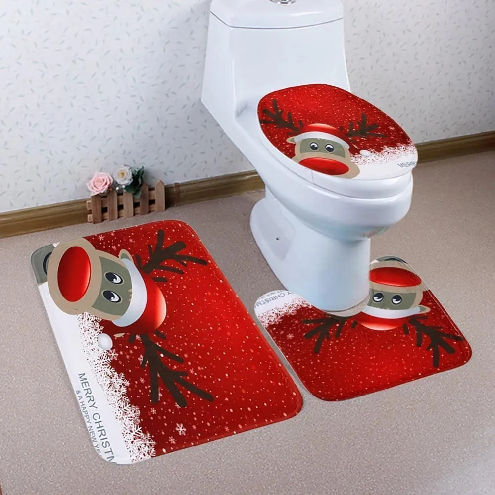 

3PCS/Set Cartoon +Lid Toilet Cover Carpet Home Decor Soft +Bath Mat Set Xmas Tree Christmas Bathroom Pedestal Rug Ornament