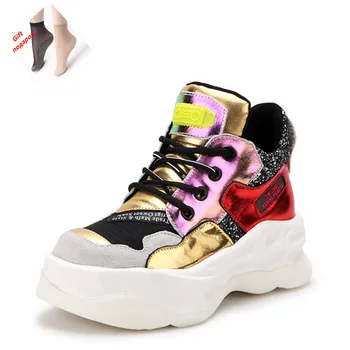 

Women's fashion leather casual shoes high-top muffin wedge sneakers women's shoes gold heels platform heels