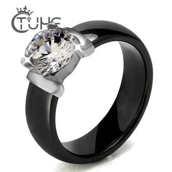 

6mm White Black Ceramic Rings Plus Big Cubic Zirconia For Women Stainless Steel Women Wedding Ring Engagement Jewelry Never Fade