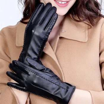 

INDJXND New Winter Warm PU Leather Gloves Women Elegant Adult Thicked Warm Glove Windproof Faux Fur Outdoor Full Finger Mittens