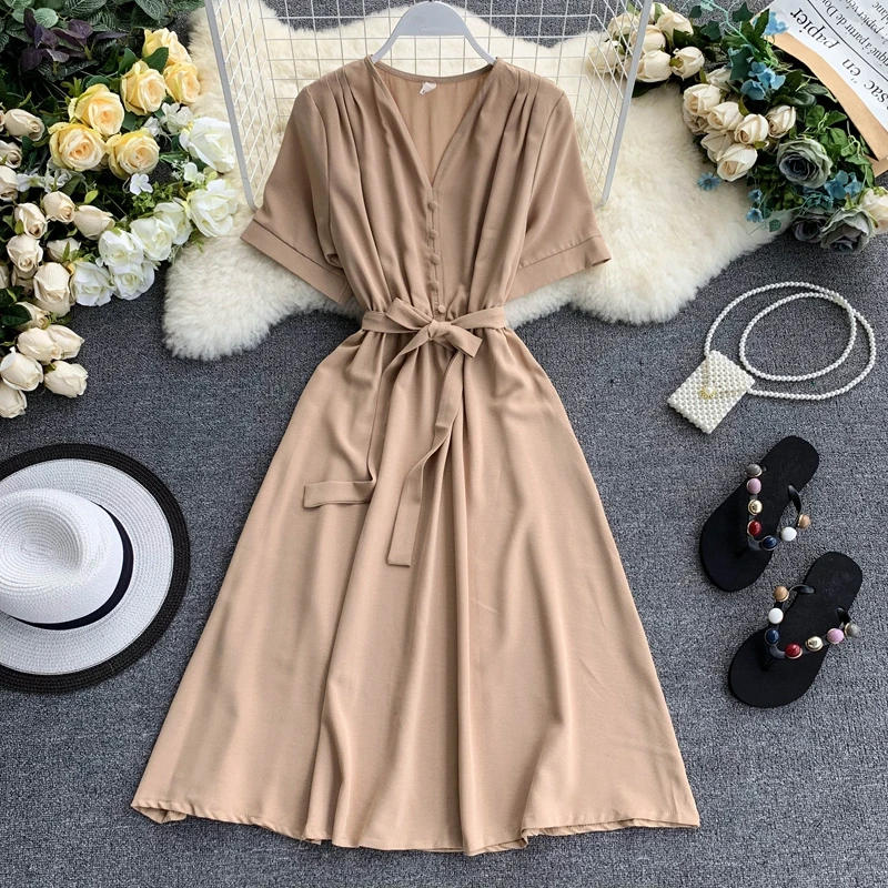 

fashion women summer short sleeve chiffon dresses female office OL A-line dress lady short sleeve simple dress