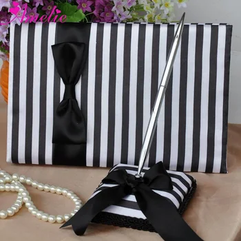 

Free shipping!Black and white striped wedding decoration satin wedding the guest book with pen
