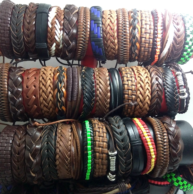 

50 PCS Style Mix lot Men's Genuine Leather Bracelets Surfer Cuff Ethnic Tribal Wristbands Wholesale Bangles HOT Fashion Jewelry