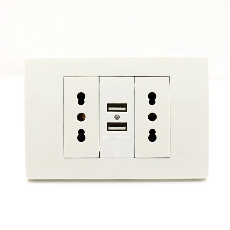 

Minitiger Usb Wall Power Socket Plug Double Italian / Chile Socket with Usb 1000mA USB Charger Port for Mobile 118mm*80mm