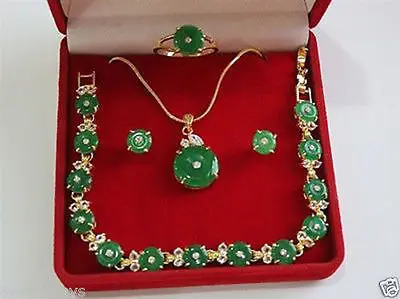 

QW96 Beautiful 18KGP green jade necklace/bracelet pendant earring ring set AAA style 100% Natural jade Noble Fine jewe