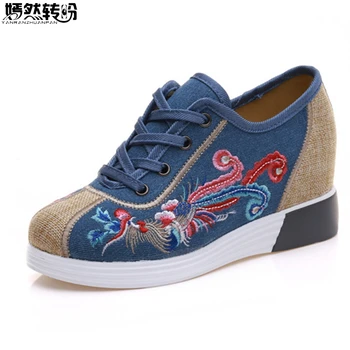 

2020 New Women Shoes Canvas Phoenix Embroidery Lace Up Casual Cloth Flats Platforms Shoes Woman Sapato Feminino