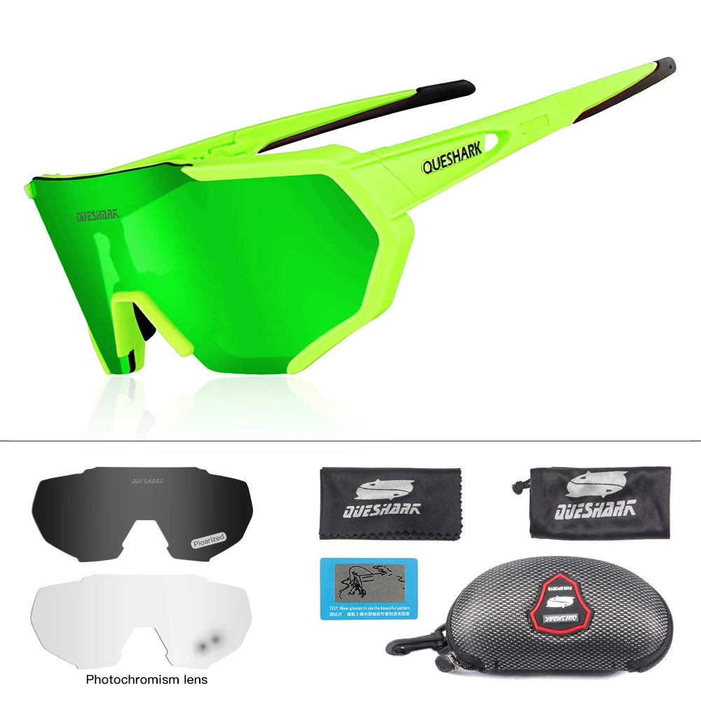 QUESHARK дизайн фотохромный велосипед очки для человека Для женщин велосипед очки велосипедные очки 4 линзы зеркальные UV400 - Цвет: Fluo Green