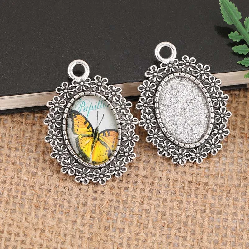 

10pcs/lot 13x18mm internal size zinc alloy silver pendant embossed table convex oval base tray border blank fashion jewelry