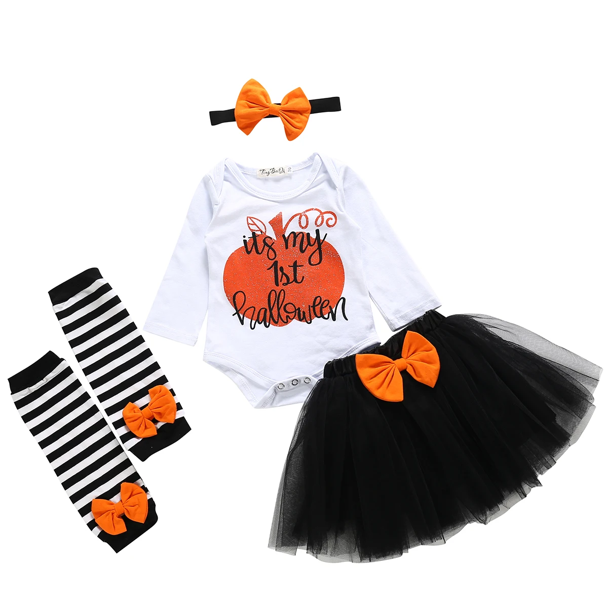 My 1st Halloween Baby Girls Outfits Long Sleeve Romper Pumpkin Printed Bow Tutu Dress with Headband
