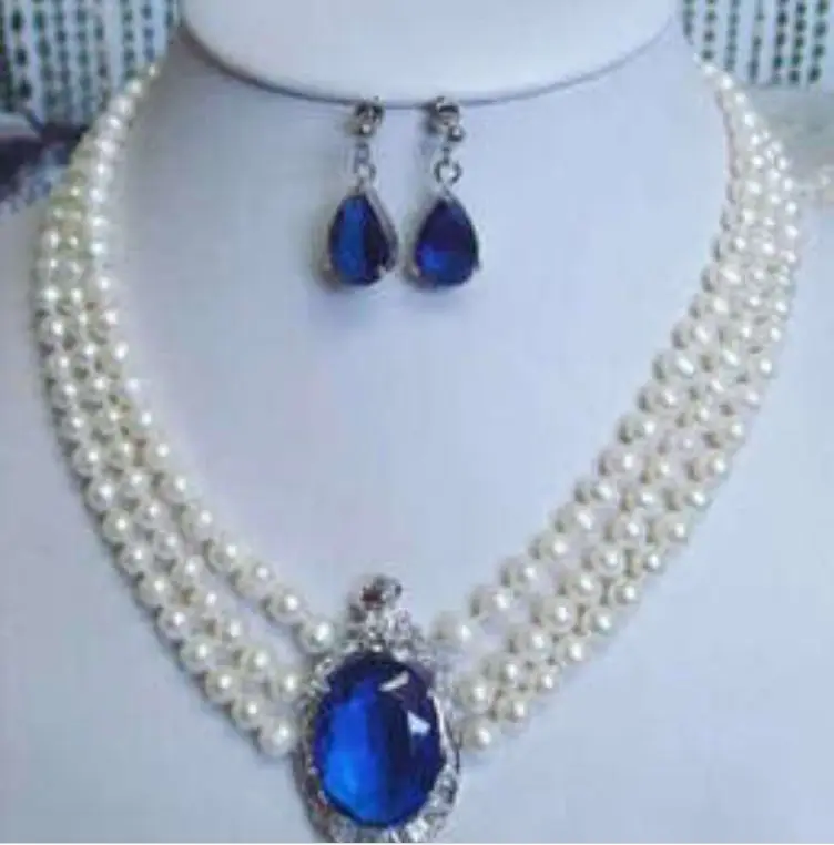 

Wholesale 3 rows white pearl sapphire pendant necklace earrings 17"-19" AA+ (A0513)