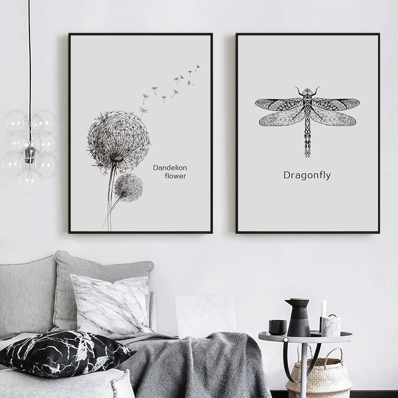 

Dandelion Vintage Poster Black White Dragonfly Canvas Art Prints Wall Painting Nordic Decoration Wall pictures for living room