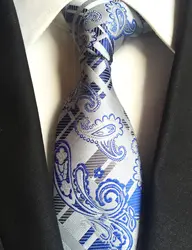 Новое поступление 8 см Для мужчин формальные галстук элегантные свадебные галстук серый в клетку с синий Пейсли (из 2400 стежков блестящие