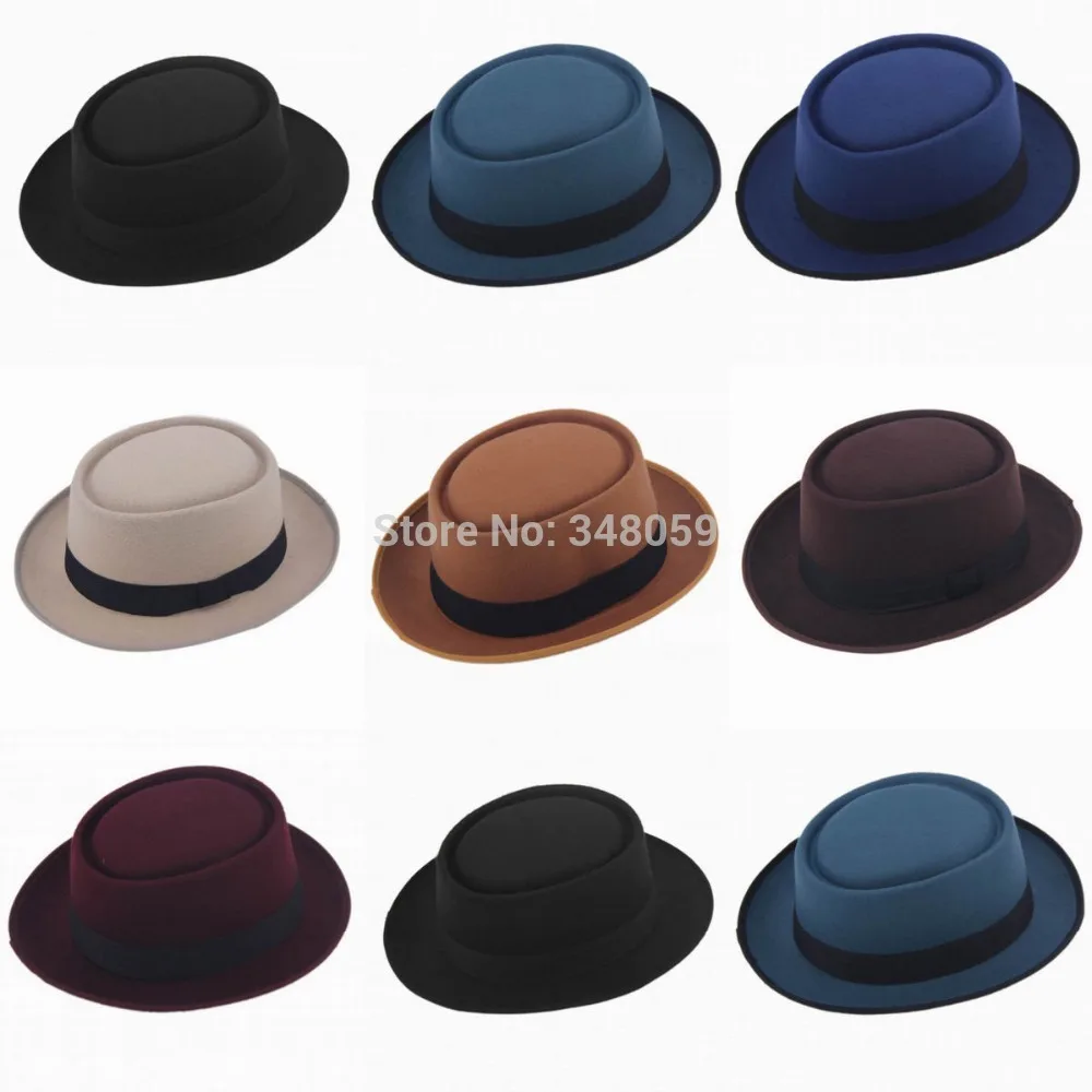 

new Fashion Unisex Classic Felt Pork Pie Porkpie Hat Cap Upturn Feodora hats Short Brim Black Ribbon Band