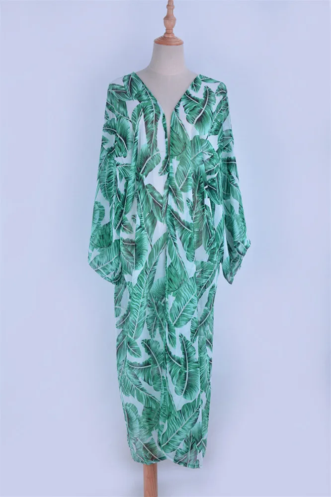 Зеленый длинный кардиган с принтом листьев, Пляжное летнее шифоновое пляжное платье, Туника женская кофта, пляжная одежда, парео, халат De Plage
