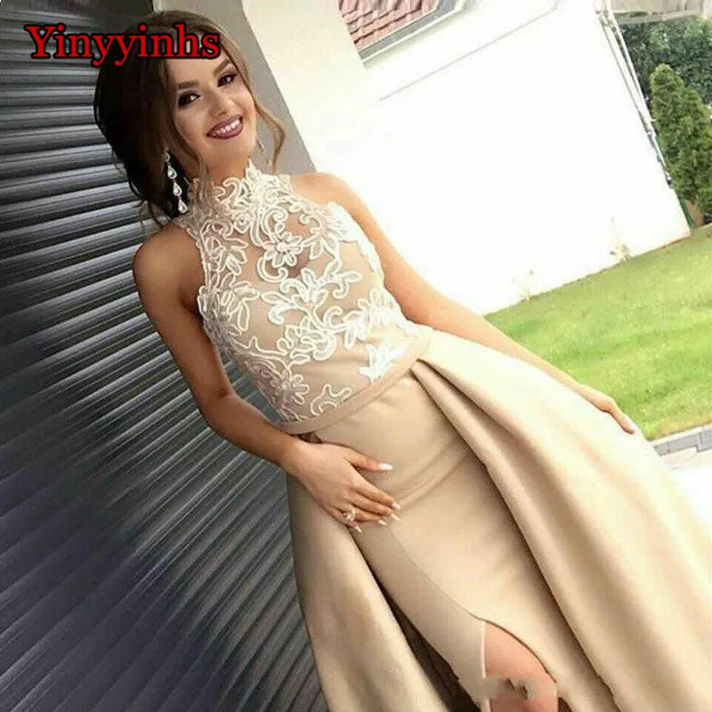 Champagne Prom Jurken 2019 EEN Lijn Hoge Kraag Satijn Kant Formele Islamitische Dubai Kaftan Saudi Arabische Lange Avondjurk YY106 Champagne Prom Jurken 2019 EEN Lijn Hoge Kraag Satijn Kant Formele Islamitische Dubai Kaftan Saudi Arabische Lange Avondjurk YY106