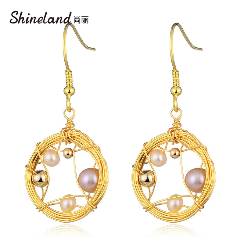

Shineland 2019 Trendy Gold Color Drop Earrings Unique Round Hollow Imitation Pearl Long Drop Dangle Earrings for Women Jewelry
