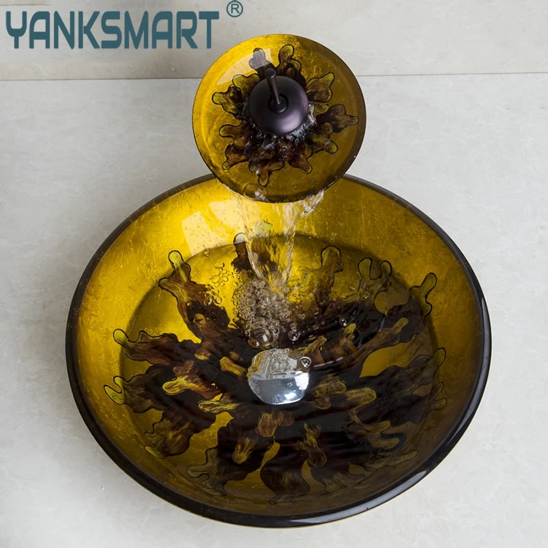 YANKSMART Yellow Algas Vessel Vanity Hand Painting Basin Sink Countertop Bowl Tempered Glass Faucet Set | Обустройство дома