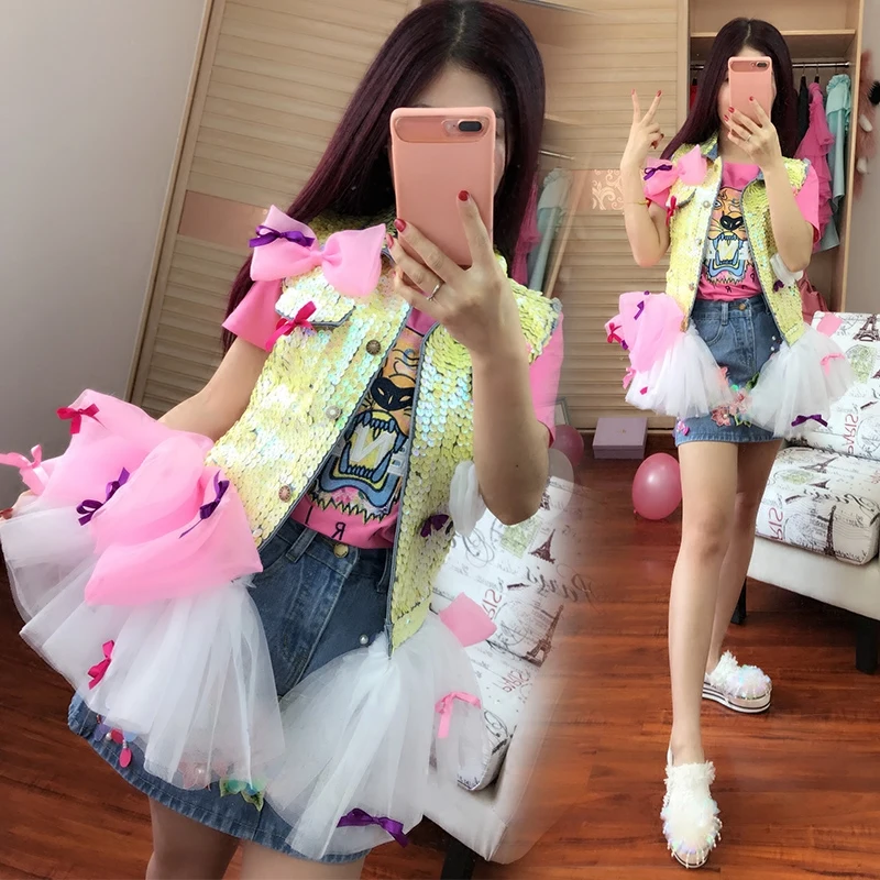 

2019 new summer and autumn tide custom heavy Sequin bow vest , women fashion all sequins vest