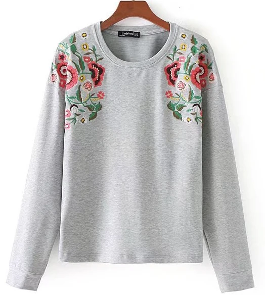 Women Floral Embroidery Gray Sweatshirts Casual Clothing Pullover Tops