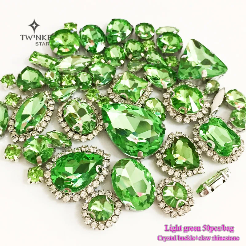 

Light green color Mix size Crystal buckle+claw rhinestone,Silver base galss sew on stones diy/Clothing accessories 50pcs/pack