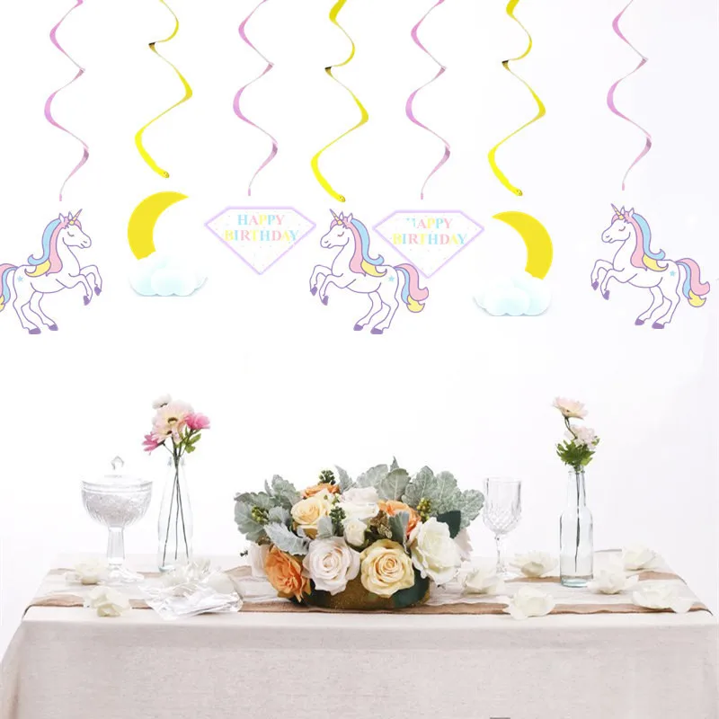 12pcs PaperboardPlastic Unicorn Party Ceiling Hanging Swirl Unicorn Streamers Slingers 1st Birthday Party Decoration PT91 (3)