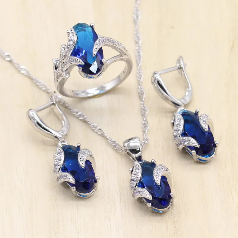 925 стерлингового серебра ювелирные наборы для женщин Королевский голубой кристалл серьги подвеска ожерелье кольцо наборы для подарка