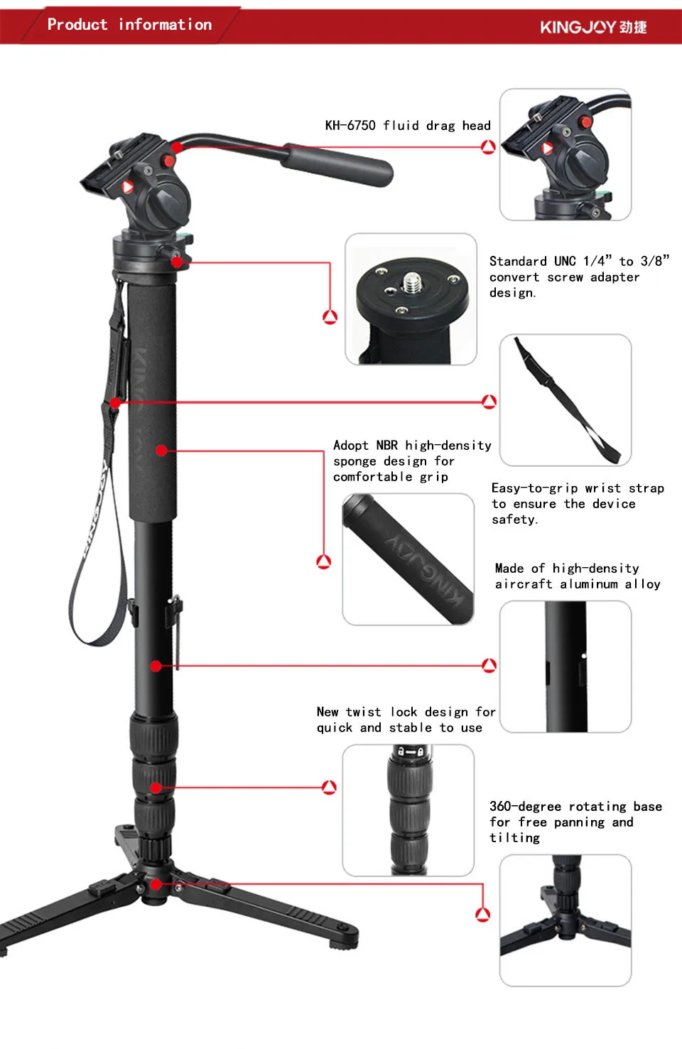 Kingjoy MP3008 + KH-6750 профессиональный монопод Dslr для всех моделей камера штатив Стенд Para Movil Гибкая рубец статив SLR DSLR