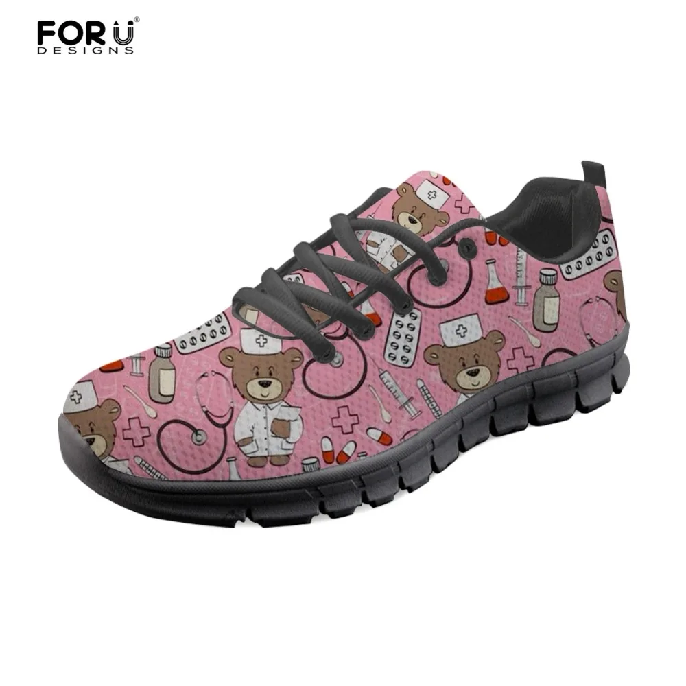 

FORUDESIGNS Pink Bear Nurse Sneakers High Quality Women Flats Shoes Casual Female Women's Lace Up Flat Ladies Shoes Woman Mesh