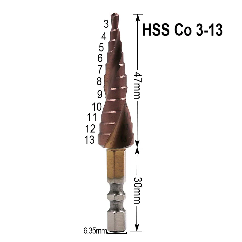 1 шт. M35 6,35 мм Шестигранная ручка Шаг сверло 3-13 мм Кобальт шаг конус Cutt инструменты Деревообработка Дерево Металл сверло