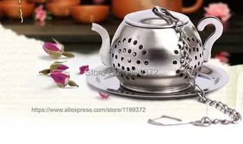 

200pcs 304 Stainless Steel Round Teapot Shape Loose Leaf Herb Tea Pot Infuser Strainer Filter with a tray