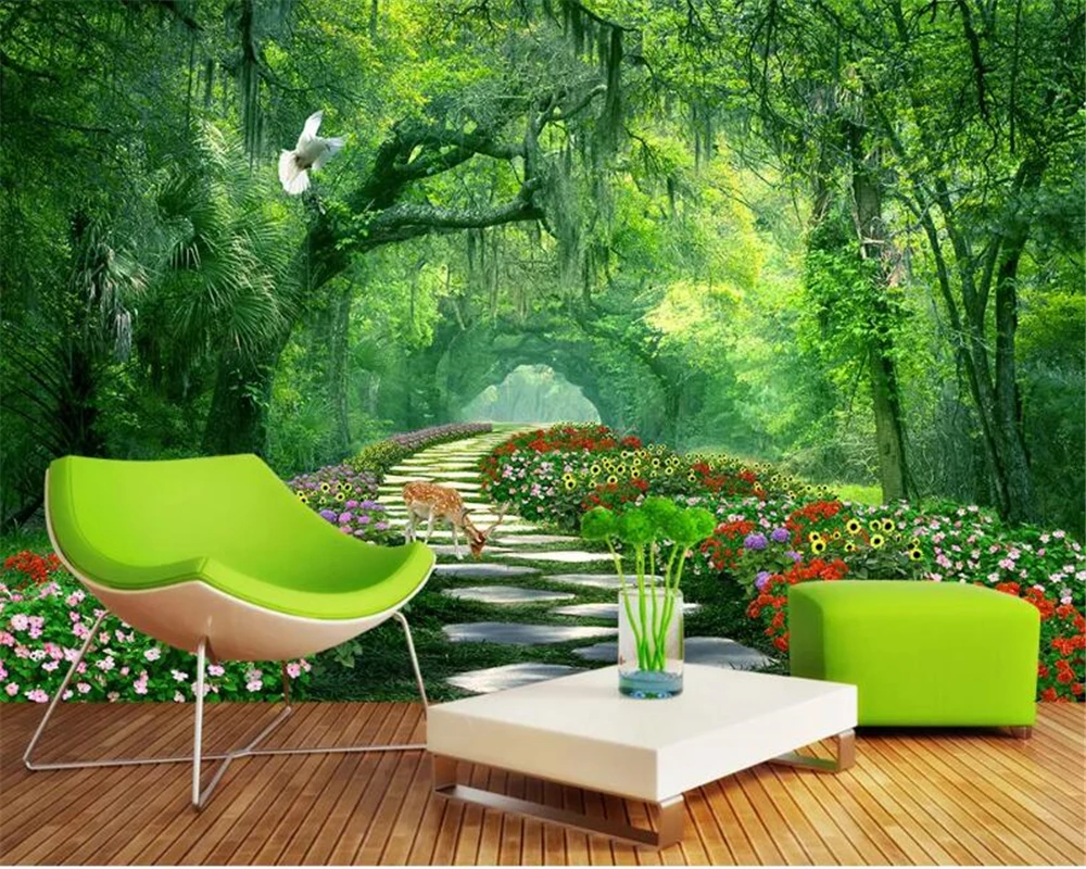 Beibehang Custom Wallpaper Mural Nature Scenery Woods Park Green Road Deer Flowers 3d Landscape Wall Wallpaper For Living Room Wallpapers Aliexpress