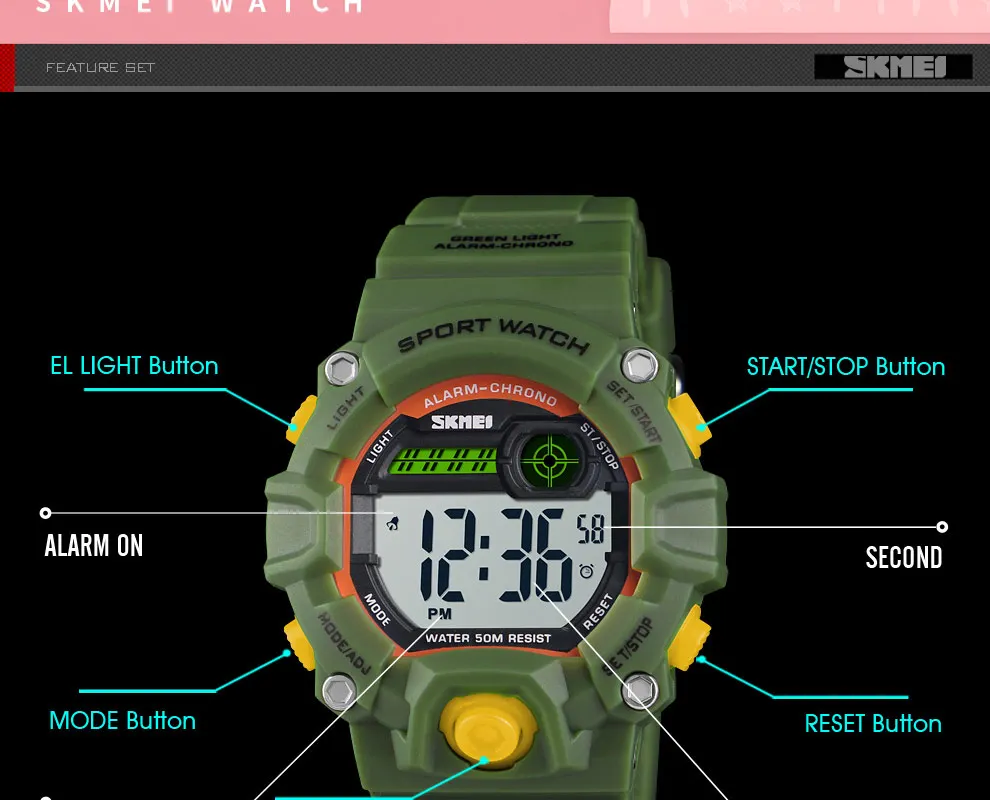 SKMEI 1484 Kids Digital Wristwatch 50M Waterproof Plastic Case Alarm Boys Girls Children Watch