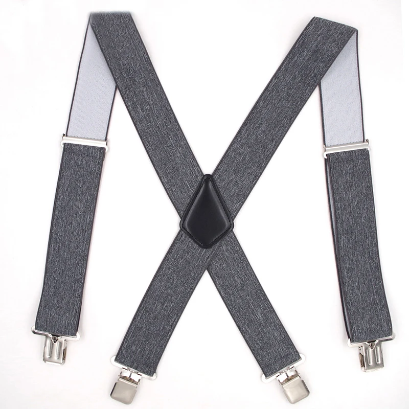 2017 Men's Gray Solid Suspenders 4 Clips Adjustable Elastic Leather PU