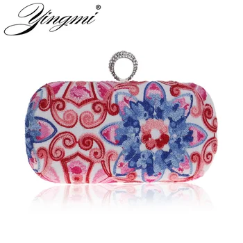 

YINGMI Finger Ring Diamonds Women Clutch Evening Bag Chain Shoulder Handbags Small Embroidery Candy Purse Bags
