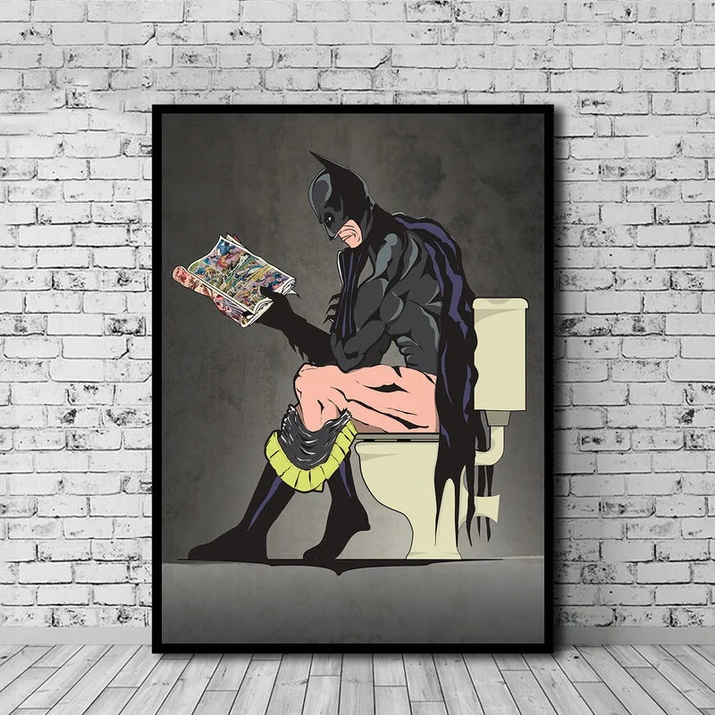 

Batman and Cat Woman Poster Superhero on The Toilet Canvas Print Home Wall Decor No Frame