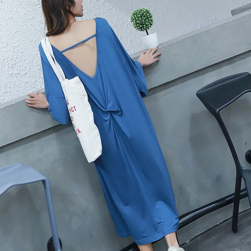 Denim blue Летнее женское платье для сна свободные сексуальные платья с открытой спиной с короткими рукавами ночная рубашка как для наружной одежды ночные рубашки - Цвет: Denim blue