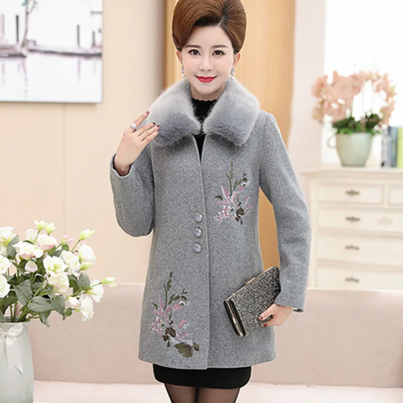 D'âge Hiver Gray red Broderie Yummycook Single A157 Vêtements Femmes Col light Épaississement breasted Laine Lâche Moyen Veste Purple De Fourrure dark Automne Purple wUUqET
