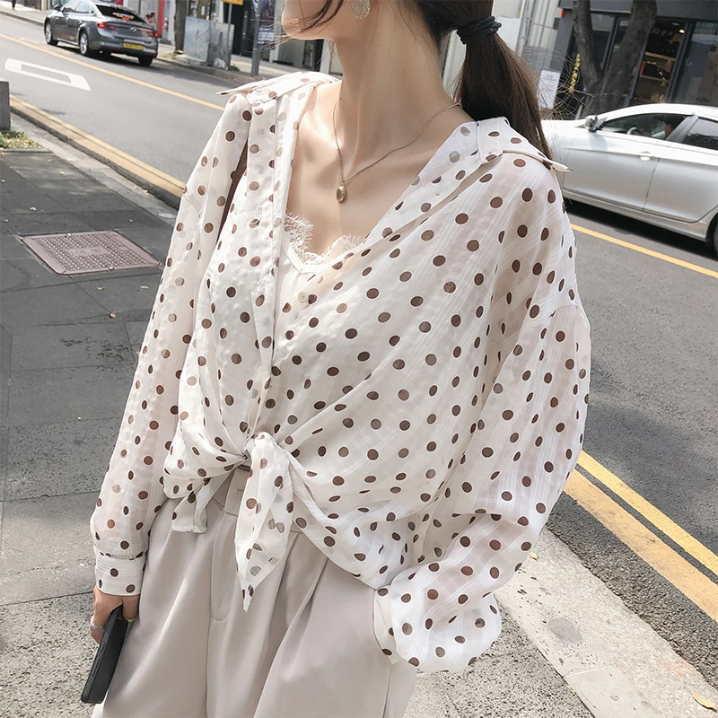 

MISHOW 2 Piece Set Women 2019 Summer Dot Print Blouse + Tanks & Camis Suits Two Pieces Summer Clothes For Women MX19B4304