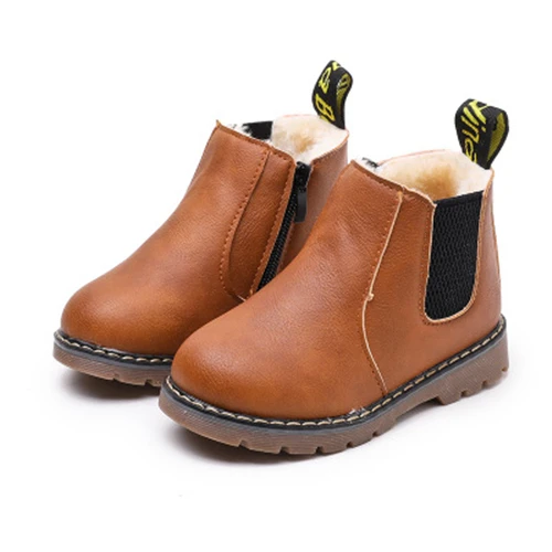 Весенне-осенние детские ботинки; обувь для мальчиков и девочек; повседневные модные ботинки из искусственной кожи; зимние детские теплые ботинки; хлопковая обувь; 02B - Цвет: 02 Brown with plush
