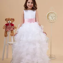 Маленькая принцесса оборками атласное платье трапециевидной формы и органзы Белое платье с цветочным рисунком для девочек для свадеб вечерние с розовый пояс на завязках индивидуальный заказ