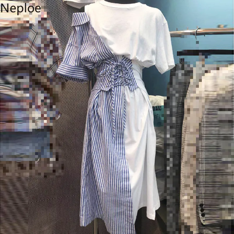 

Neploe Plaid Patchwork Women Dresses Short Sleeve Knee-length Vestido 2019 Irregular New Summer Fake Two Pieces Dress 43236