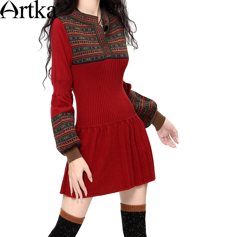 

ARTKA Women's Autumn&Winter Casual Slim Warm Sweater Dress Vintage Lantern Sleeve All-match Knit One-piece Dress LB15838D