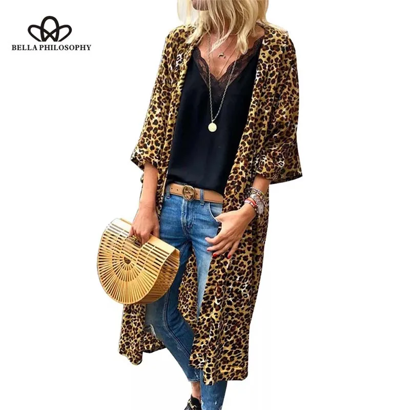Wonder 2018 new Autumn Plus Size S-3XL Leopard Sexy Long Coats Tops Women Sexy V-Neck Long Sleeve Thin Jacket  Four  Color