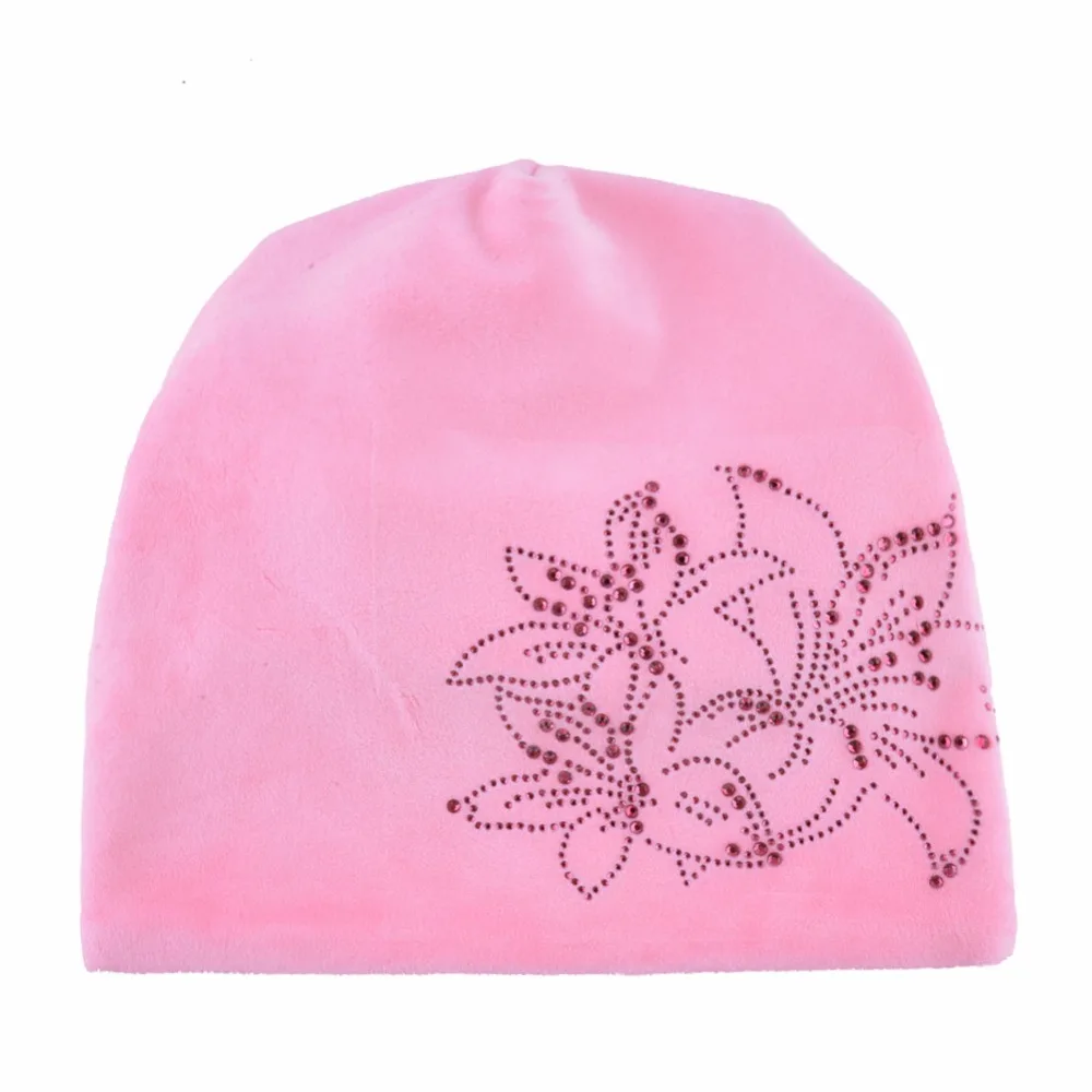 TQMSMY Brand Women's Beanie Lily Flower Rhinestones Hat Women Shine Velvet Kintted Skullies Cap Female Beanie Beanies Cap TMDH59