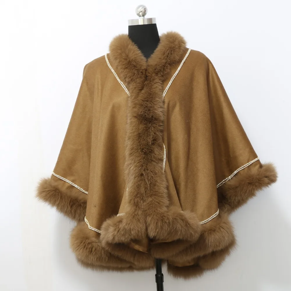 Заводская цена реальные бренд Fox Fur Trim Длинные Стиль Кашемир шаль с бриллиантами для женщин