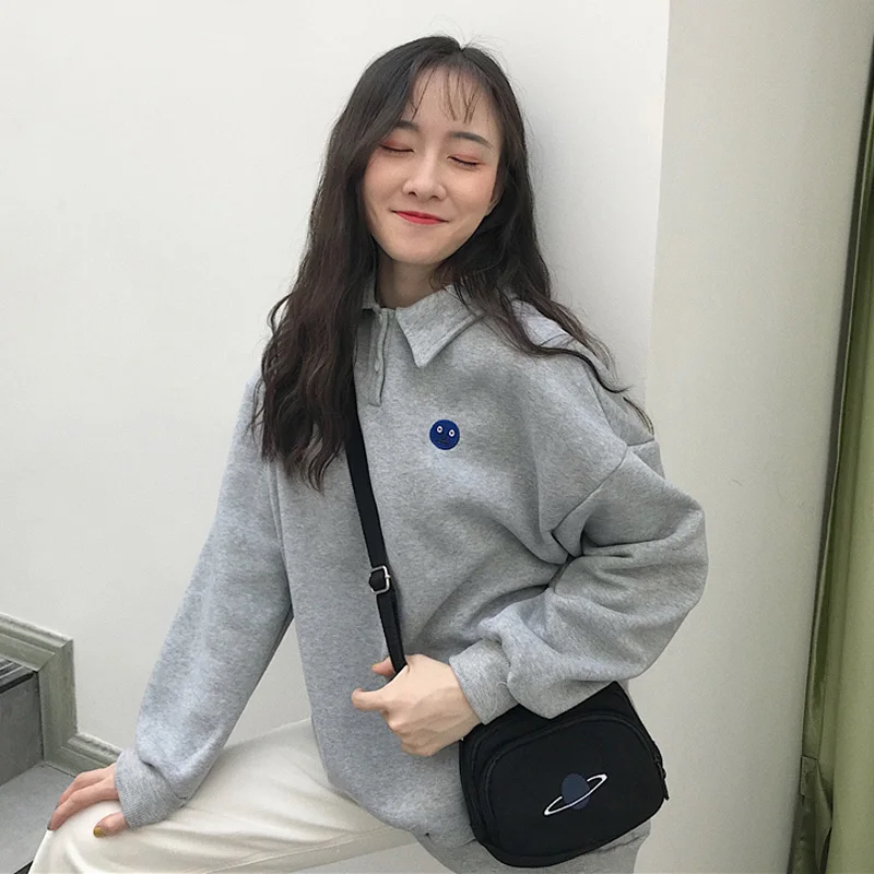 

Spring Autumn Fleece Hoodies Sweatshirts Women Casusal Loose Turn-down Collar Embroidery Drop Shoulder Student Harajuku Hoodies