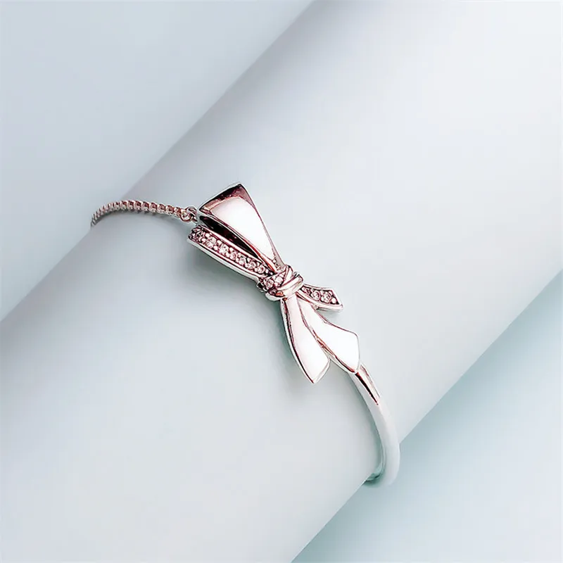 

Shiny Zircon Bowknot Bracelets and CZ Crystal Bow Open Bangles Elegant Rose gold Silver color Fine Jewelry For Women Girls Gift